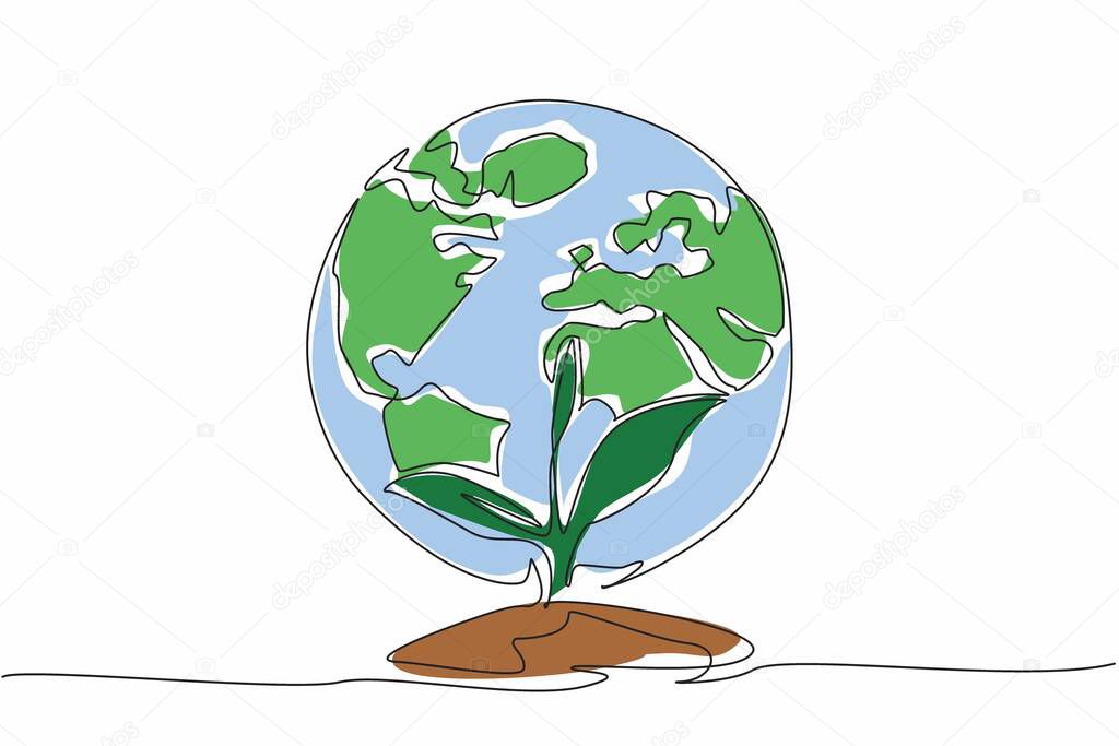 Single one line drawing small tree with a mound of earth with a globe behind it. Greening the earth by planting lots of green plants. Ecology. Greenery Day. Continuous line design graphic illustration