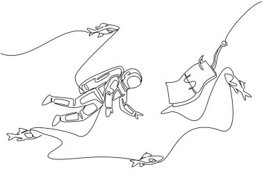 Astronotların yüzdüğü ve kancaya takılmış banknotlara uzandığı bir hat. Keşif gezisi için yatırımcı arıyoruz. Sahte yatırım. Para Yemi. Tek çizgi çizimi tasarım vektör çizimi