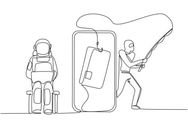 Sürekli çizilen bir astronot dizüstü bilgisayarda oturuyor ve hırsız büyük bir kredi kartı kullanıyor. Sistematik hackleme. Büyük kayıp. Ulusal Kıdemli Sahtekârlık Günü. Tek çizgi çizimi tasarım vektör çizimi