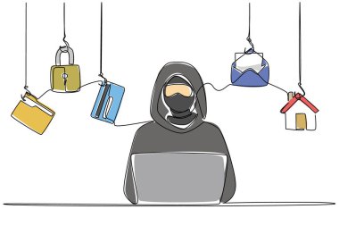 Maskeli hırsızın çizdiği tek satır dizüstü bilgisayarda yazan kapüşonlu kapüşon ve 5 önemli simge. Aynı anda birden fazla hesabı hackle. Ulusal Kıdemli Sahtekârlık Günü. Bir çizgi tasarımı vektör illüstrasyonu