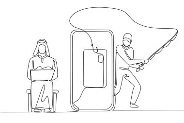 Tek satır çizen Arap adam dizüstü bilgisayarda oturuyor ve hırsız kredi kartı avına çıkıyor. Sahte bağlantılar tarafından tuzağa düşürüldü. Ulusal Kıdemli Sahtekârlık Günü. Devamlı çizgi tasarımı grafik çizimi