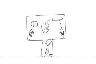 Sürekli bir çizgi halinde bir robot kafası sıkıştı ve iki eli de büyük kredi kartına girdi. Yapay zeka deneyi başarısız oldu. Borç. Para Yemi. Tek çizgi çizimi tasarım vektör çizimi