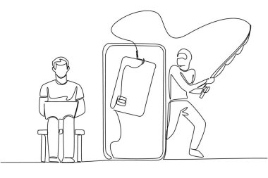 Tek sıra çizen adam, küçük kanepe tutucu dizüstü bilgisayarı ve hırsız balıkçı kredi kartının üzerine oturur. Önemli veriler gözden kaçmış. Ulusal Kıdemli Sahtekârlık Günü. Devamlı çizgi tasarımı grafik çizimi