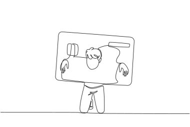 Tek sıra halinde bir adam kafasını ve iki elini büyük bir kredi kartına sıkıştırdı. Yaşam tarzı gelirle eşleşmiyor. Bütçe açığı. Tuzak. İflas. Para Yemi. Bir çizgi tasarımı vektör illüstrasyonu