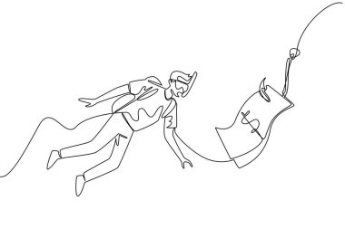 Tek sıra halinde yüzen adamı yüzerken ve bir kancayı kovalarken dolar banknotlarıyla. Anlık metotlar tarafından ayartılmış. Ulusal Kıdemli Sahtekârlık Günü. Bir çizgi tasarımı vektör illüstrasyonu