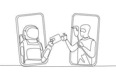 Astronot çizen tek sıra akıllı telefondan çıkar ve kredi kartını hırsıza uzatır. Kurbanı manipüle etmek. Ulusal Kıdemli Sahtekârlık Günü. Devamlı çizgi tasarımı grafik çizimi