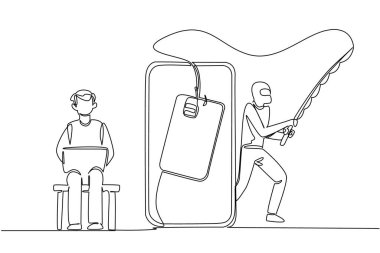 Tek sıra çizerek büyükbaba kanepeye oturur dizüstü bilgisayarı tutar ve hırsız akıllı telefonun arkasına saklanır. Kişisel veri ihlali. Ulusal Kıdemli Sahtekârlık Günü. Devamlı çizgi tasarımı grafik çizimi