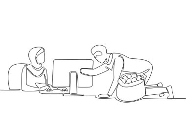 Bir satırda bir Arap kadının daktilo yazması ve bir hırsızın para çantasına para koyması. Çaresiz. Çok kötü bir sistem. Ulusal Kıdemli Sahtekârlık Günü. Devamlı çizgi tasarımı grafik çizimi