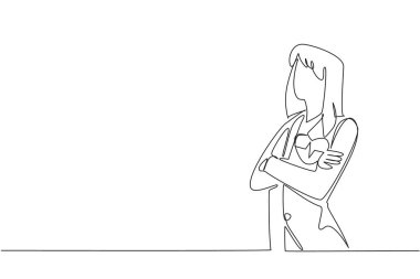 Ceketli kadını çizen tek çizgi kollarını göğsünün önünde kavuşturuyor. Sağlıklı çalışanlar, sorunsuz işler. Ulusal İşçi Sağlık ve Spor Günü. Devamlı çizgi tasarımı grafik çizimi