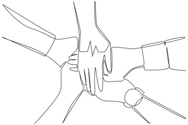 Tek bir çizgi, ortasında kalp atışı olan bir daire şeklinde dizilmiş birkaç el çiziyor. İş ekibi anlaşması. Ulusal İşçi Sağlık ve Spor Günü. Devamlı çizgi tasarımı grafik çizimi