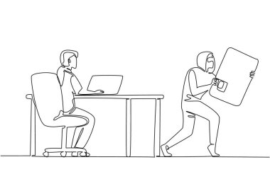 Tek satır halinde dizüstü bilgisayarda yazı yazan bir kadın ve büyük kredi kartı alan bir hırsız. Hırsızlar, hedef hazırlıksız yakalandığında harekete geçerler. Ulusal Kıdemli Sahtekârlık Günü. Bir çizgi tasarımı vektör illüstrasyonu