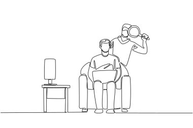 Tek sıra çizen adam elinde dizüstü bilgisayarla kanepede oturuyor ve hırsız da büyüteç kullanıyor. Şifrelere bakıyorum. Suç. Ulusal Kıdemli Sahtekârlık Günü. Devamlı çizgi tasarımı grafik çizimi