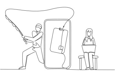 Tek sıra halinde oturan bir kadın küçük kanepeye oturur dizüstü bilgisayar ve hırsız balıkçı kredi kartı. Güvenlik katmanı yok. Hack. Ulusal Kıdemli Sahtekârlık Günü. Bir çizgi tasarımı vektör illüstrasyonu