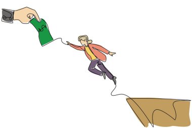 Sürekli bir çizgi çizerek büyükanneyi uçurumdan aşağı atlıyor ve elinde banknotlarla büyük ele ulaşmaya çalışıyor. Sahte yatırım. Ulusal Kıdemli Sahtekârlık Günü. Tek çizgi çizimi tasarım vektör çizimi