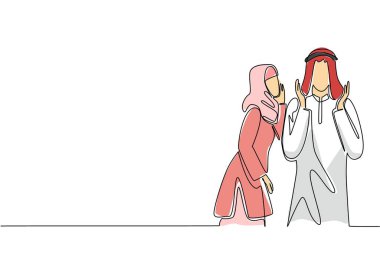 Arap bir kadının, iki elini de kaldıran bir Arap 'a fısıldadığı tek satır. Gizlice hassas şeylerden konuşmak. Dikkat et. Sevgi dolu. - Sürpriz. Devamlı çizgi tasarımı grafik çizimi