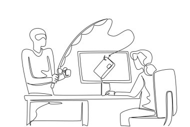 Sürekli bir satır halinde yaşlı bir kadın yukarıdaki monitörden kredi kartı için yazı yazıyor ve hırsız avına çıkıyor. Güvenliği zayıf. Ulusal Kıdemli Sahtekârlık Günü. Tek çizgi çizimi tasarım vektör çizimi