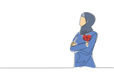 Sürekli tesettürlü bir Arap kadını çizen bir çizgi göğsünün önünde kollarını kavuşturuyor. İş ve sağlık dengesi. Ulusal İşçi Sağlık ve Spor Günü. Tek çizgi çizimi tasarım vektör çizimi