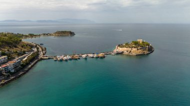 Drone aerial view of Kusadasi castle in the port. High quality photo clipart