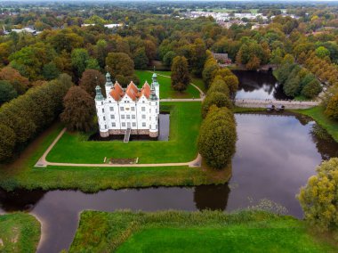 Drone aerial view of the beautiful white castle of Ahrensburg. High quality photo clipart