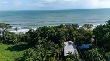 Playa Negra plajının insansız hava aracı görüntüsü, güzel bitki örtüsü ve siyah kumlu tropikal plaj, Punta Uva, Puerto Viejo, Kosta Rika. Yüksek kalite fotoğraf