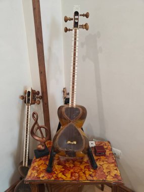 Geleneksel Doğu müzik aleti katranı. Tar ortaçağ Pers, Ermeni, Kürtçe ve Türk müziğinde kullanılıyor. Tar beyazın üzerinde dikey duruyor. Yüksek kalite fotoğraf