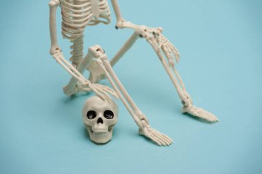 Kafasız bir oyuncak iskelet mavi arka planda, kafatasının yanında oturuyor.