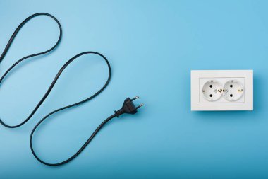 Prizi ve prizi olan elektrik kablosu mavi arka planda avlanan bir yılan gibi görünüyor.