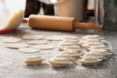 Geleneksel Ukrayna yemeklerinin hazırlanması. Evde mantı kalıbı çıkarma süreci..