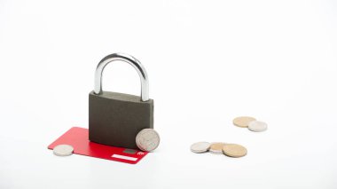 Finans ve ekonomi. Beyaz arka planda asma kilitli kırmızı kredi kartı ve İsrail şekeli paralar.