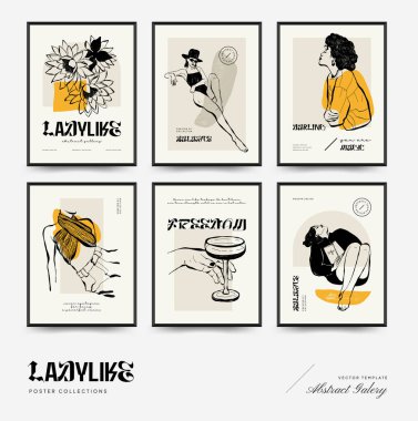 İnce çizgileri, çiçek desenleri, bitkileri ve kadını olan soyut minimalist estetik kadınlar. Renkli poster şablonu. Klasik boho tarzı.