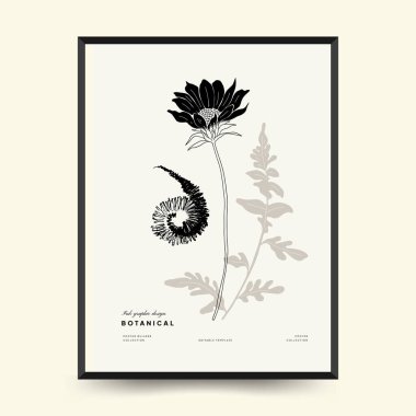 Abstract floral posters template. Modern Botanical trendy black style. Vintage flowers. Ink wall  art.