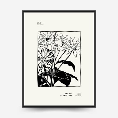 Abstract floral posters template. Modern Botanical trendy black style. Vintage flowers. Ink wall  art.