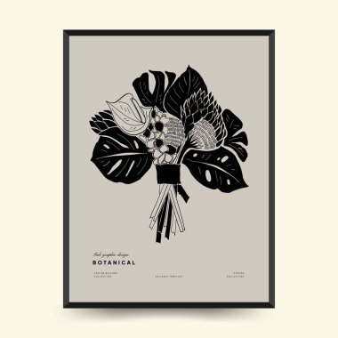 Abstract floral posters template. Modern Botanical trendy black style. Vintage flowers. Ink wall  art.