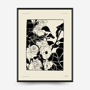 Abstract floral posters template. Modern Botanical trendy black style. Vintage flowers. Ink wall  art.