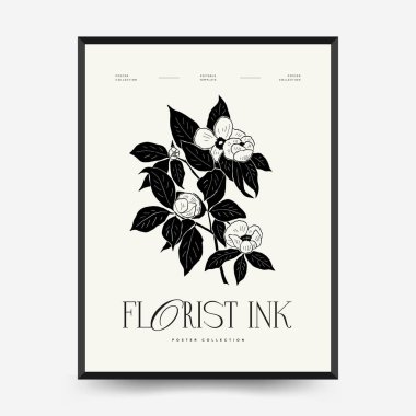 Abstract floral posters template. Modern Botanical trendy black style. Vintage flowers. Ink wall  art.