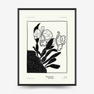 Abstract floral posters template. Modern Botanical trendy black style. Vintage flowers. Ink wall  art.
