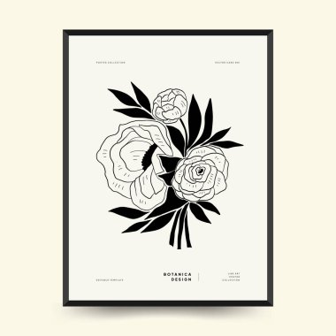 Abstract floral posters template. Modern Botanical trendy black style. Vintage flowers. Ink wall  art.