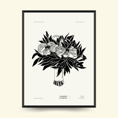 Abstract floral posters template. Modern Botanical trendy black style. Vintage flowers. Ink wall  art.