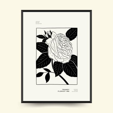 Abstract floral posters template. Modern Botanical trendy black style. Vintage flowers. Ink wall  art.