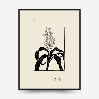 Abstract floral posters template. Modern Botanical trendy black style. Vintage flowers. Ink wall  art.