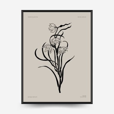 Abstract floral posters template. Modern Botanical trendy black style. Vintage flowers. Ink wall  art.