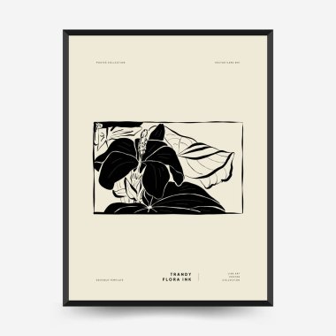 Abstract floral posters template. Modern Botanical trendy black style. Vintage flowers. Ink wall  art.
