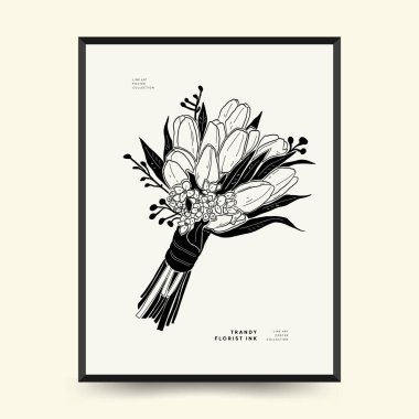 Abstract floral posters template. Modern Botanical trendy black style. Vintage flowers. Ink wall  art.