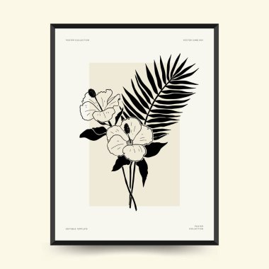 Abstract floral posters template. Modern Botanical trendy black style. Vintage flowers. Ink wall  art.