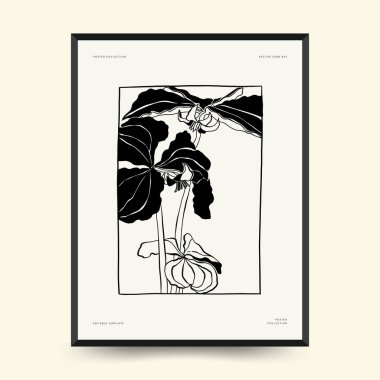 Abstract floral posters template. Modern Botanical trendy black style. Vintage flowers. Ink wall  art.