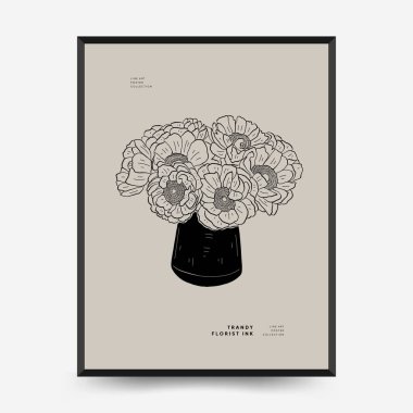 Abstract floral posters template. Modern Botanical trendy black style. Vintage flowers. Ink wall  art.