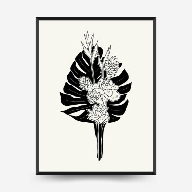 Abstract floral posters template. Modern Botanical trendy black style. Vintage flowers. Ink wall  art.