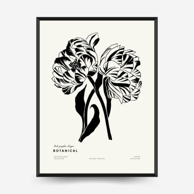 Abstract floral posters template. Modern Botanical trendy black style. Vintage flowers. Ink wall  art.