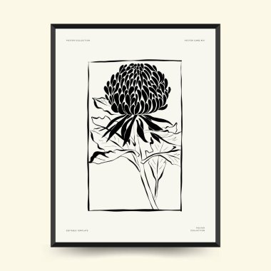 Abstract floral posters template. Modern Botanical trendy black style. Vintage flowers. Ink wall  art.