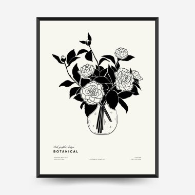 Abstract floral posters template. Modern Botanical trendy black style. Vintage flowers. Ink wall  art.